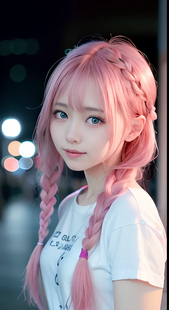 女の子1人、on tokyo street、natta、A city scape、city light、The upper part of the body、up close shot、Blue eyes,Full body,faces、(A smile:1.5)、small tits、Black long sleeve T-shirt、(8K、Raw photography、top-quality、masterpiece:1.2)、(realisitic、photoRealstic:1.37), (Pink hair), Ear Hair, small tits, Single braid, (Single braid), (Side braid)