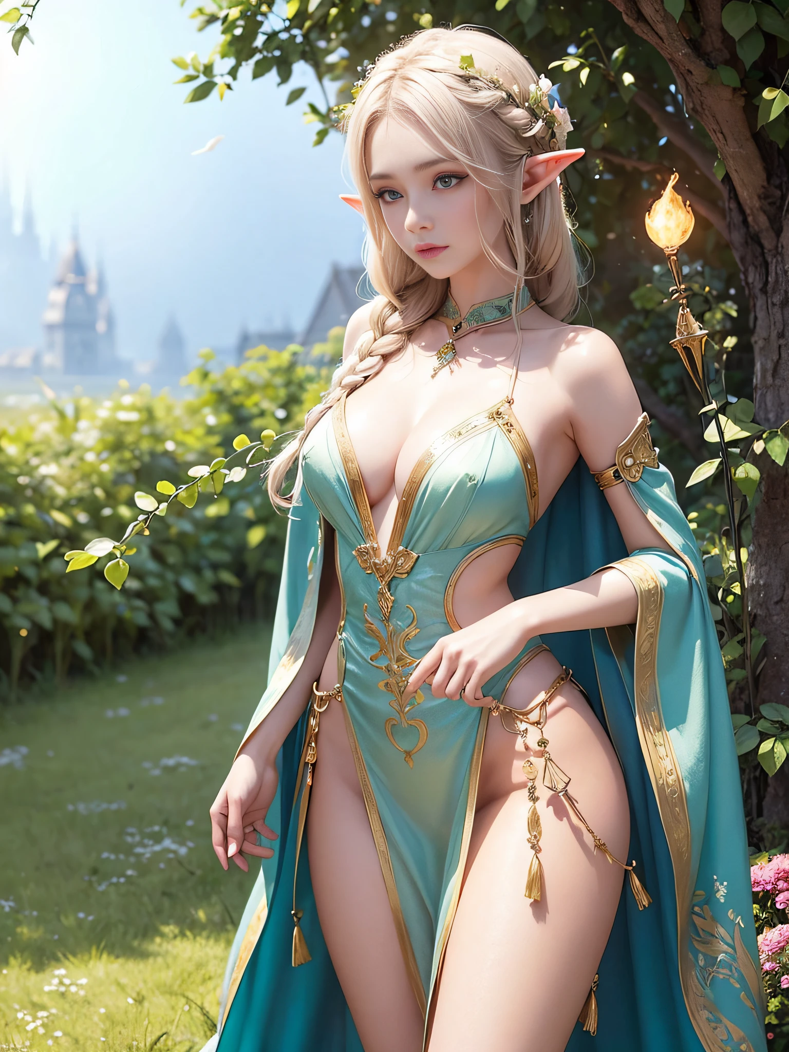 A graceful elf girl stands in a meadow, her delicate features illuminated by the soft light of the setting sun. Her long, flowing hair cascades down her back, adorned with intricate braids and adorned with sparkling jewels. This stunning painting captures the ethereal beauty of elves. Her slender figure in a silk dress sways in the soft meadow breeze. The artist's attention to detail is evident in the intricate patterns of her dress and the subtle highlights of her luminescence. skin. This breathtaking depiction of an elf girl exudes a sense of enchantment and transports the viewer to a magical world. The beautiful elf magician is awe-inspiring as she holds a magician's staff, uses fireball magic, and is about to defeat the Demon King with explosion magic., If you pull up your skirt, you can see your see-through panties and it will be embarrassing.