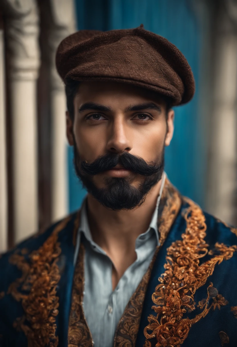 Homem de 25 anos bigode e cabelo azul