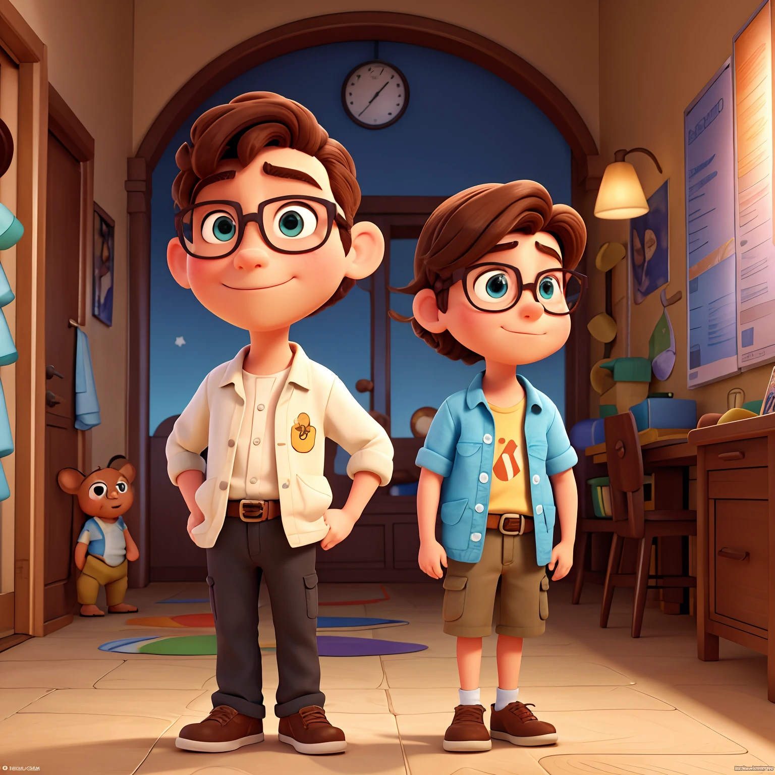 Poster of a Disney Pixar animated film of a 24-year-old white man, magro de olhos castanhos, Brown hair wearing prescription glasses, com uma mochila nas costas, com uma camisa preta e uma camisa quadriculada por cima aberta. No fundo uma imagem de uma universidade. The name of the film is "Engenheiros", written at the bottom of the poster.