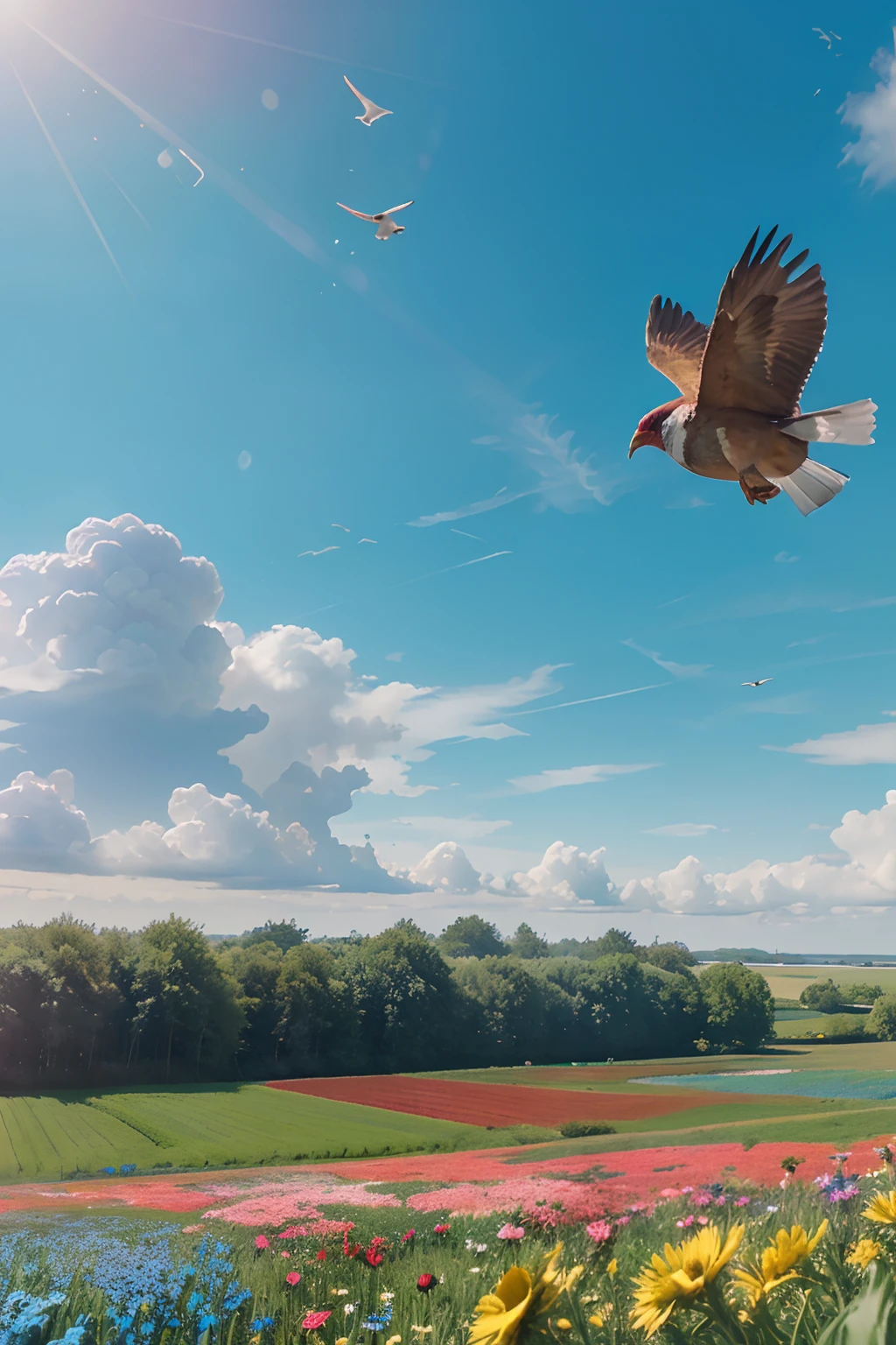 A colorful bird soars through the blue skies, its wings flapping gracefully as it soars over a lush field of flowers.beautiful flowers,CGsociety, beautiful sky,cinematic, 4k,georgean