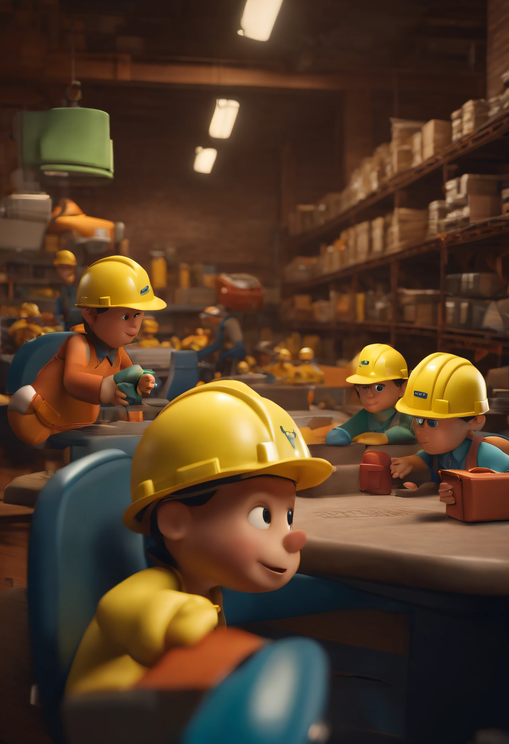 3D pixar about workplace safety, acidentes de trabalho, inclua o texto como logotipo 'Dimension Engenharia'