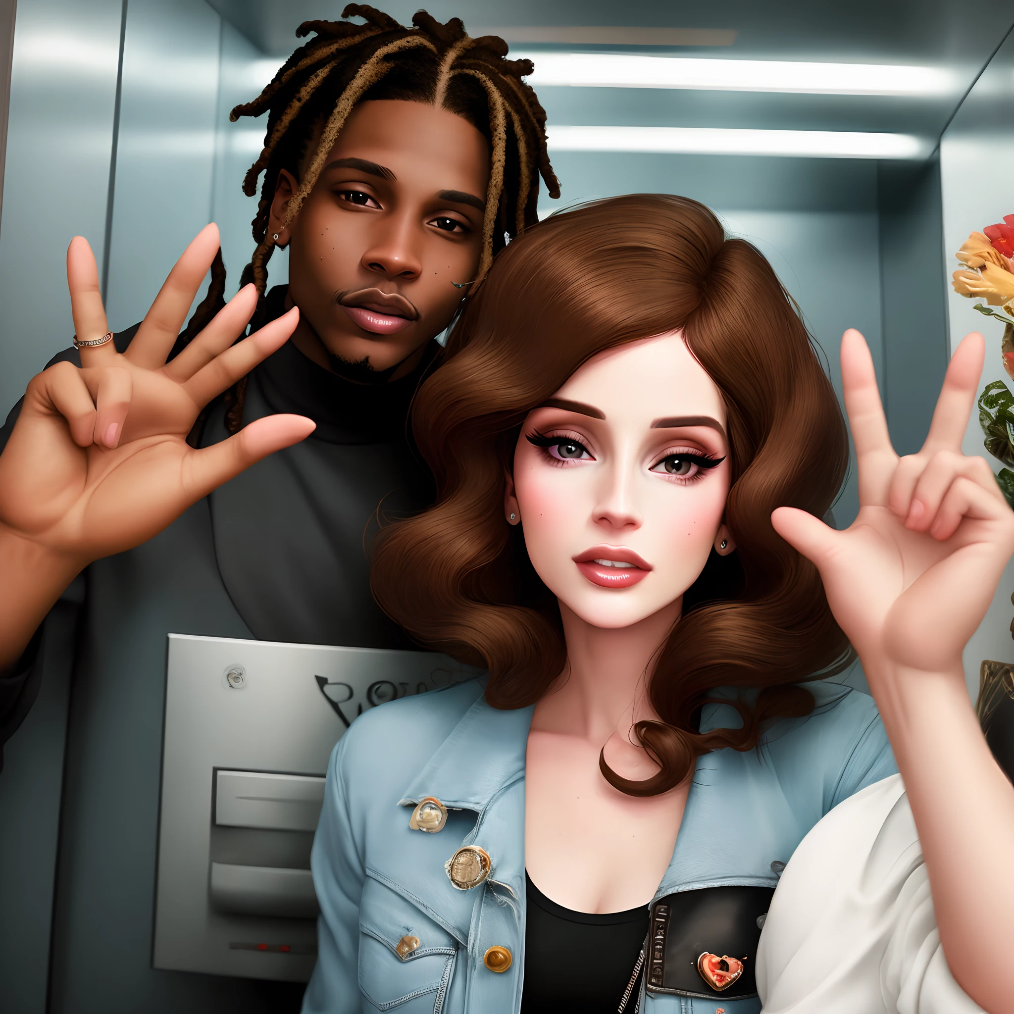 Lana del rey and asap rocky Behind an elevator doing the peace sign fish eye lens