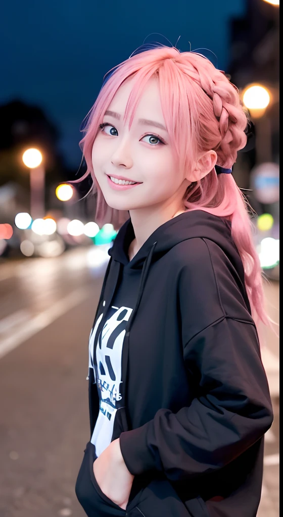 女の子1人、on tokyo street、natta、A city scape、city light、The upper part of the body、up close shot、Blue eyes,Full body,faces、(A smile:1.5)、small tits、Black long-sleeved hoodie、(8K、Raw photography、top-quality、masterpiece:1.2)、(realisitic、photoRealstic:1.37), (Pink hair), Ear Hair, small tits, Single braid, (Single braid), (Side braid)