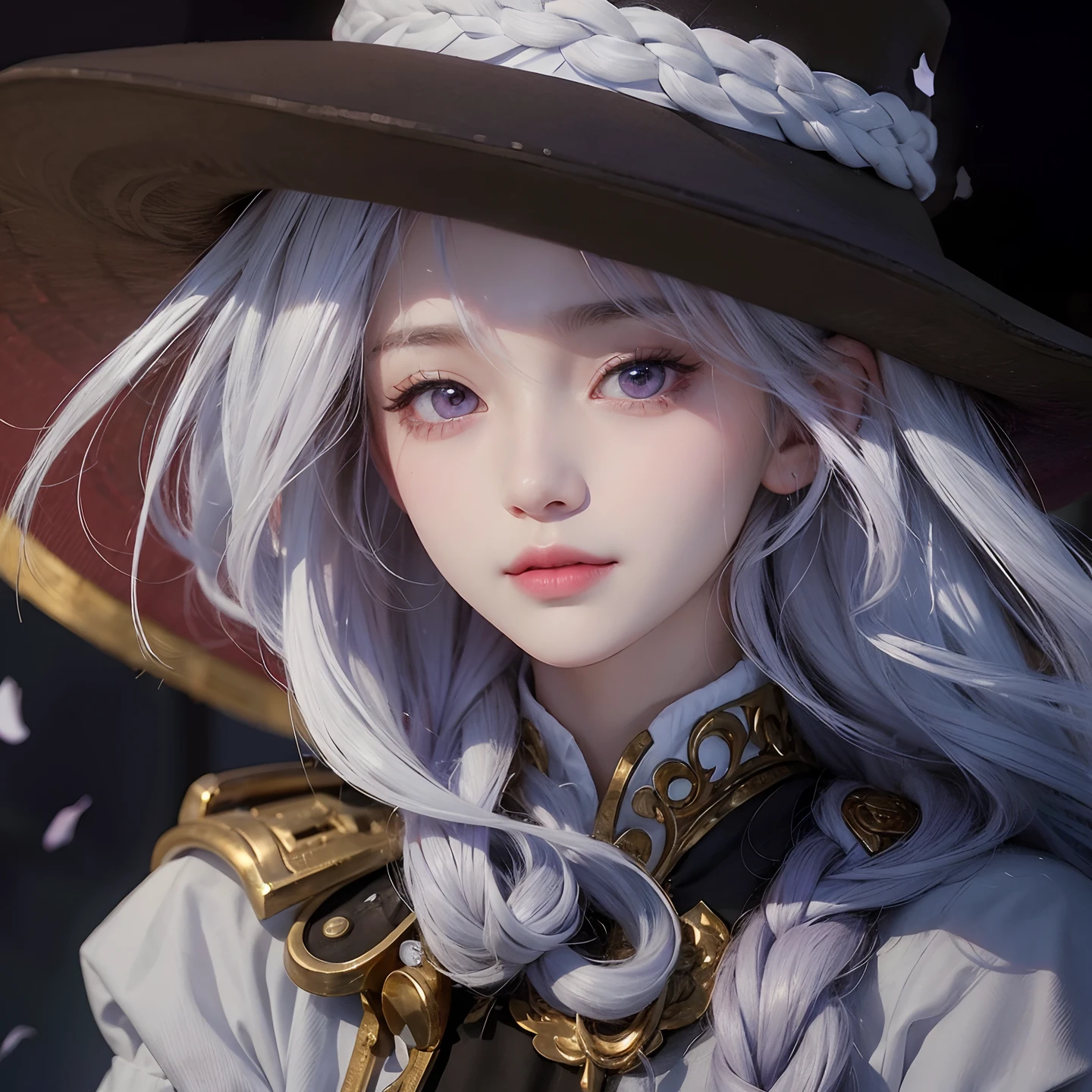 A girl with realistic white long hair, exactly the same realistic hairstyle, realistic Korean beautiful face,Realistic thin smiling expression, realistic bright purple eyes, exactly realistic hat,Adapt clothes exactly the same,Realistic light, realistic shadows, realistic background