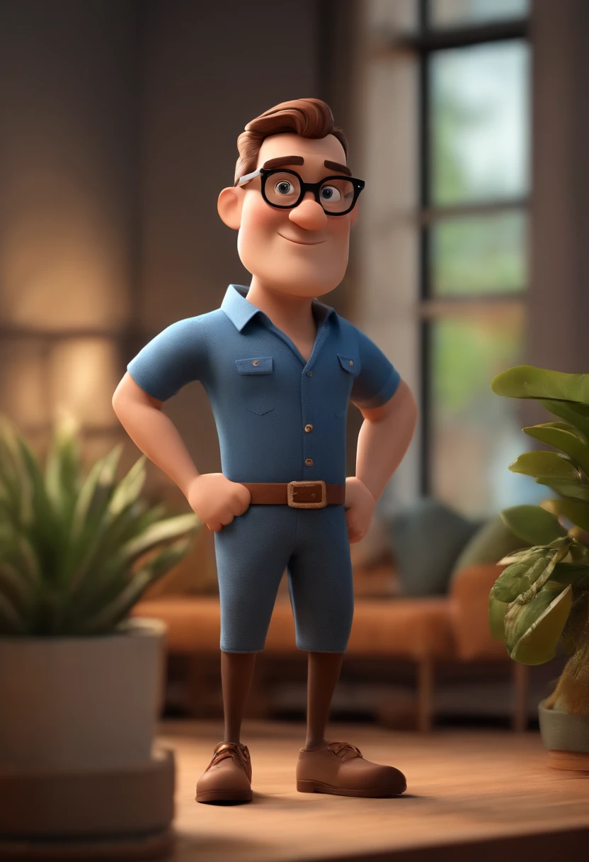 Cartoon character of a man wearing black glasses and a blue shirt, um personagem animado, Caractere estilizado, animation style rendering, 3D estilizado, Arnold Maya render, 3 d render stylized, toon render keyshot, Personagem 3D, Personagem 3D, 3d rendering stylized, 3 d character render, personagem de desenho animado, Personagem de close up, Pose de personagem, (Estilo Pixar) (master part:1.2) (Bokeh) (best quality) (pele detalhada) (textura detalhada) (8k) (argila) (Cinematic lighting) (foco nítido，Senta e vaza a parte superior do corpo