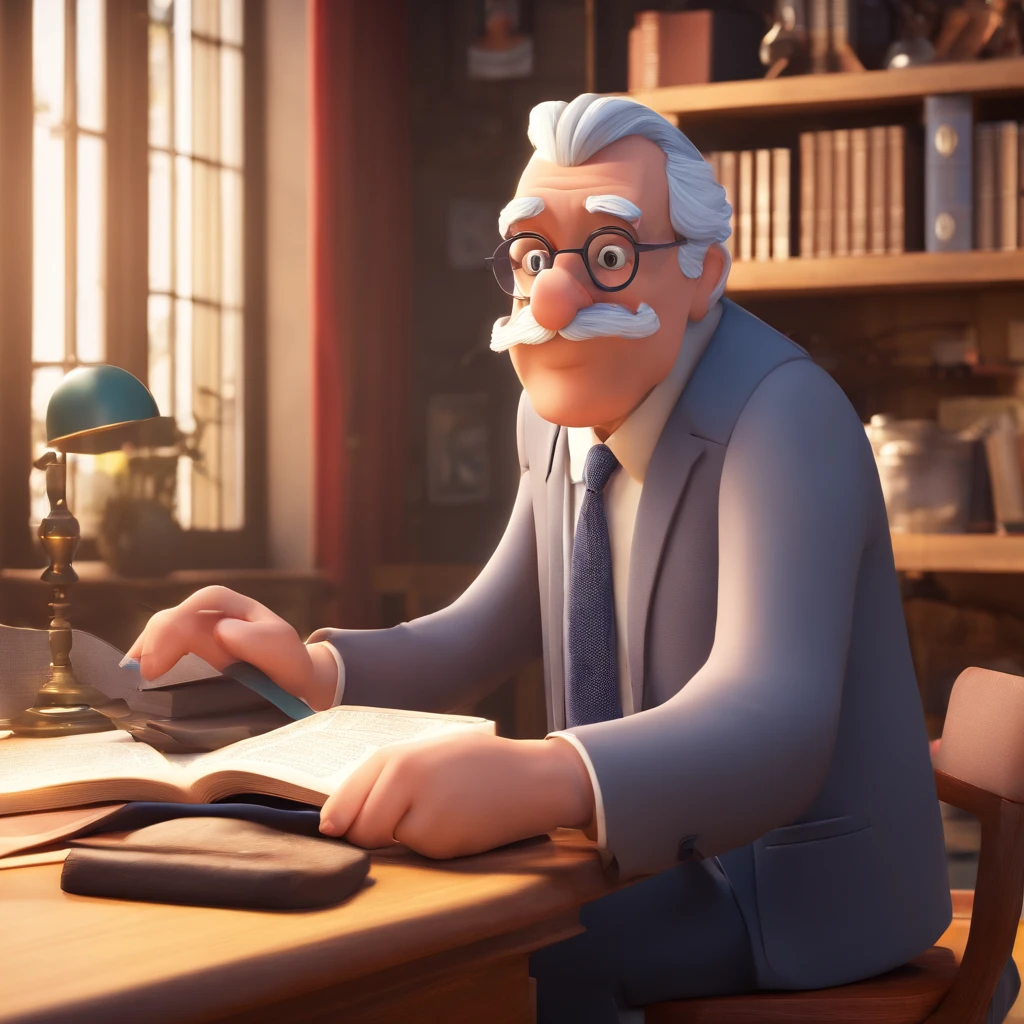 Crie um cartaz inspirado na Disney Pixar com o personagem sendo o pastor Rubens Janier, A gray-haired man wearing glasses, in an office with a Bible on the table