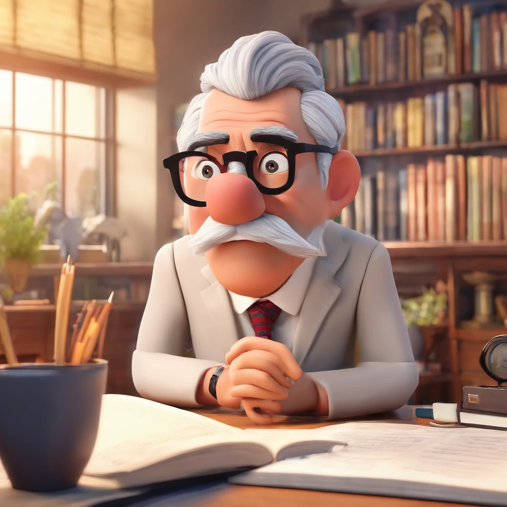 Crie um cartaz inspirado na Disney Pixar com o personagem sendo o pastor Rubens Janier, A gray-haired man wearing glasses, in an office with a Bible on the table