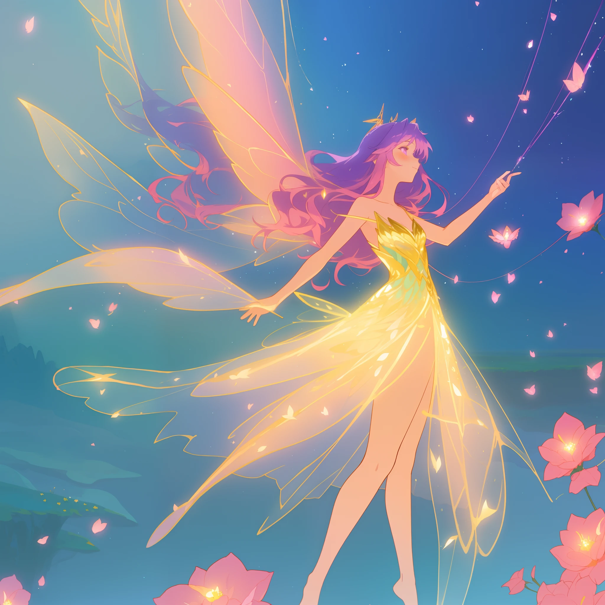 beautiful fairy girl in fluttering golden dress, fairy dress, (huge sparkling pink fairy wings), long dark purple hair, fairy queen, ((magical colorful otherworldly landscape)), (glowing fairy wings), glowing flowing ballgown, long hair, sparkling fairy wings, watercolor illustration, flowers and colorful plants, disney art style, glowing aura around her, glowing lights, beautiful digital illustration, fantasia otherworldly landscape plants flowers, beautiful, masterpiece, best quality, anime disney style