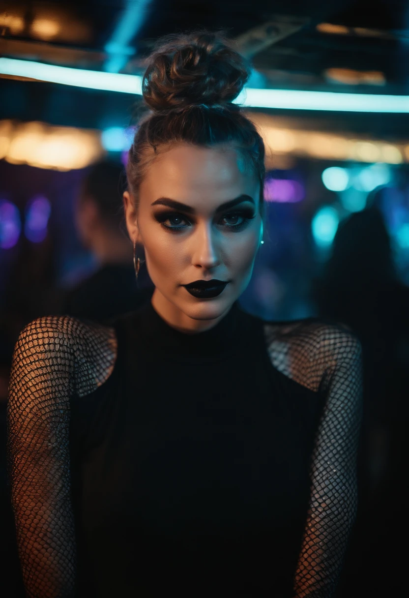 Punk woman wearing a black fishnet top posing for a photo in a club at night, understand rave aesthetic, night club lights, black make-up, techno aesthetic, techno fashion, neon lights, ultra detailed, masterpiece.