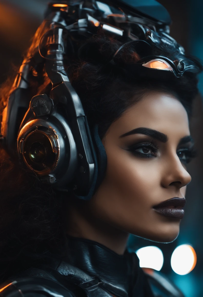 mulher morena cabelo preto com uma mecha branca, wearing goggles