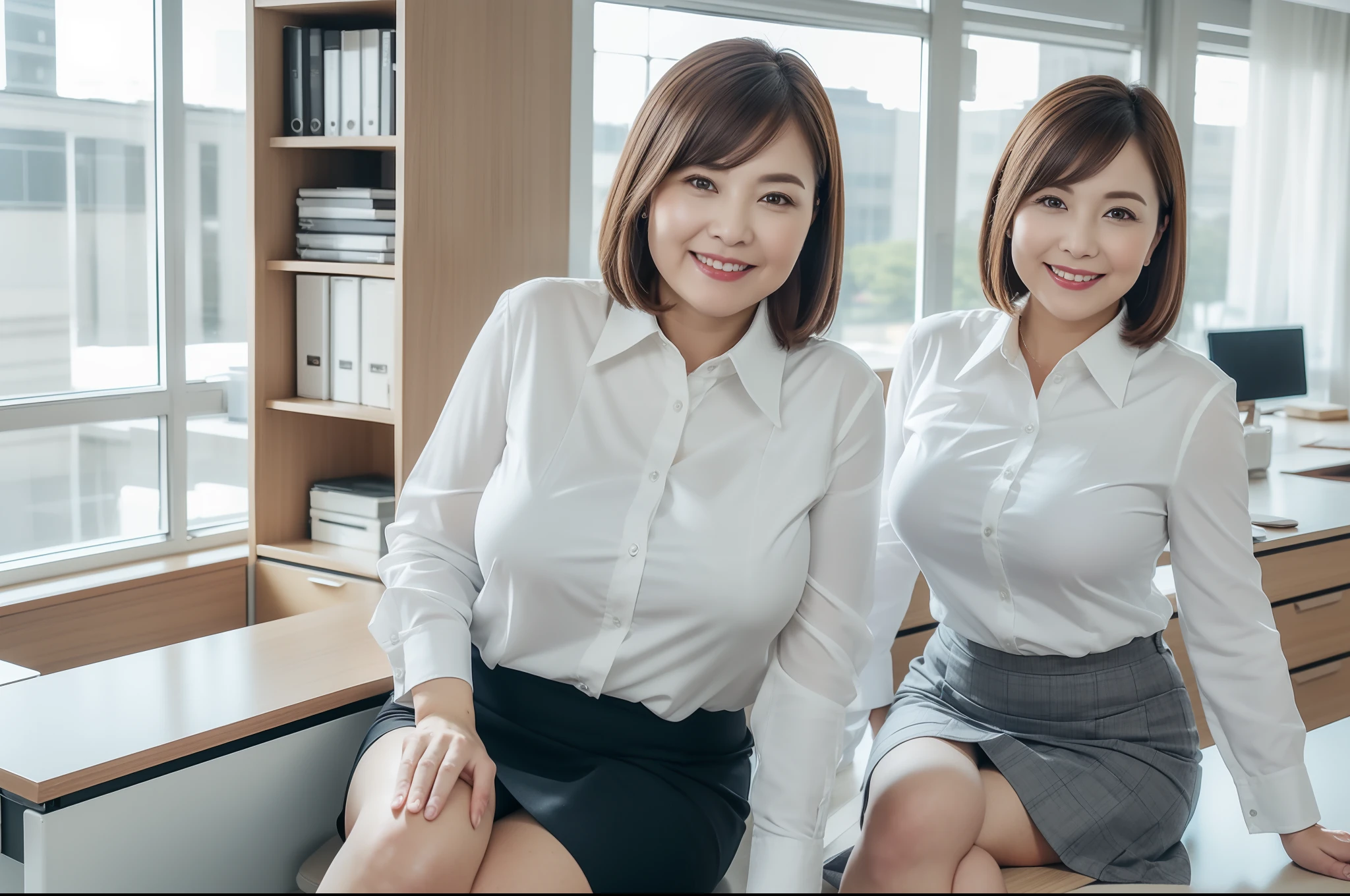 ((Best Quality, 8k, Masterpiece, Portrait:1.3)), (looking at the viewer), (full shot:1), attractive business 3 milfs, 3 people, white collared shirt, grey skirt, black stocking, (big pelvis:0.5), (sitting with cross legs on office desks)), smile:0.2, office of CEO,