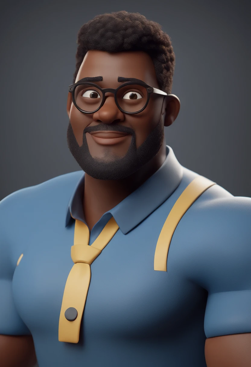 cartoon character of a BLACK man with black glasses and a blue shirt, animation character, Caractere estilizado, animation style rendering, 3D estilizado, Arnold Maya render, 3 d render stylized, toon render keyshot, Personagem 3D, Personagem 3D, 3d rendering stylized, 3 d character render, personagem de desenho animado, Personagem de close up, Pose de personagem, (Estilo Pixar) (master part:1.2) (Bokeh) (best quality) (pele detalhada) (textura detalhada) (8k) (argila) (Cinematic lighting) (foco nítido