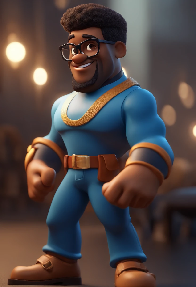 cartoon character of a BLACK man with black glasses and a blue shirt, animation character, Caractere estilizado, animation style rendering, 3D estilizado, Arnold Maya render, 3 d render stylized, toon render keyshot, Personagem 3D, Personagem 3D, 3d rendering stylized, 3 d character render, personagem de desenho animado, Personagem de close up, Pose de personagem, (Estilo Pixar) (master part:1.2) (Bokeh) (best quality) (pele detalhada) (textura detalhada) (8k) (argila) (Cinematic lighting) (foco nítido