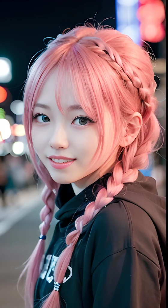 女の子1人、on tokyo street、natta、A city scape、city light、The upper part of the body、up close shot、Blue eyes,Full body,faces、(A smile:1.5)、small tits、Black long-sleeved hoodie、(8K、Raw photography、top-quality、masterpiece:1.2)、(realisitic、photoRealstic:1.37), (Pink hair), Ear Hair, small tits, Single braid, (Single braid), (Side braid)