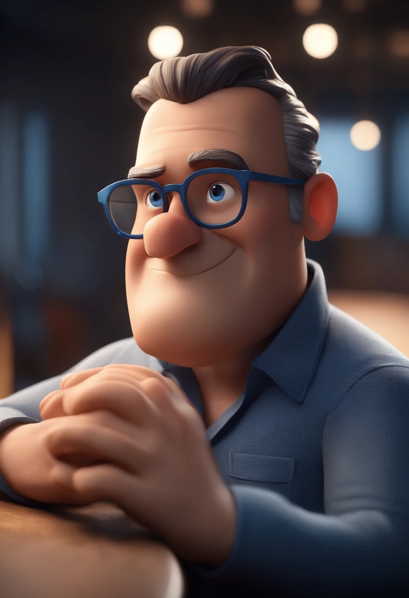 Cartoon character of a man with black glasses and a blue shirt, animation character, Caractere estilizado, animation style rendering, 3D estilizado, Arnold Maya render, 3 d render stylized, toon render keyshot, Personagem 3D, Personagem 3D, 3d rendering stylized, 3 d character render, personagem de desenho animado, Personagem de close up, Pose de personagem,  (Estilo Pixar) (master part:1.2) (Bokeh) (best quality) (pele detalhada) (textura detalhada) (8k) (argila) (Cinematic lighting) (foco nítido
