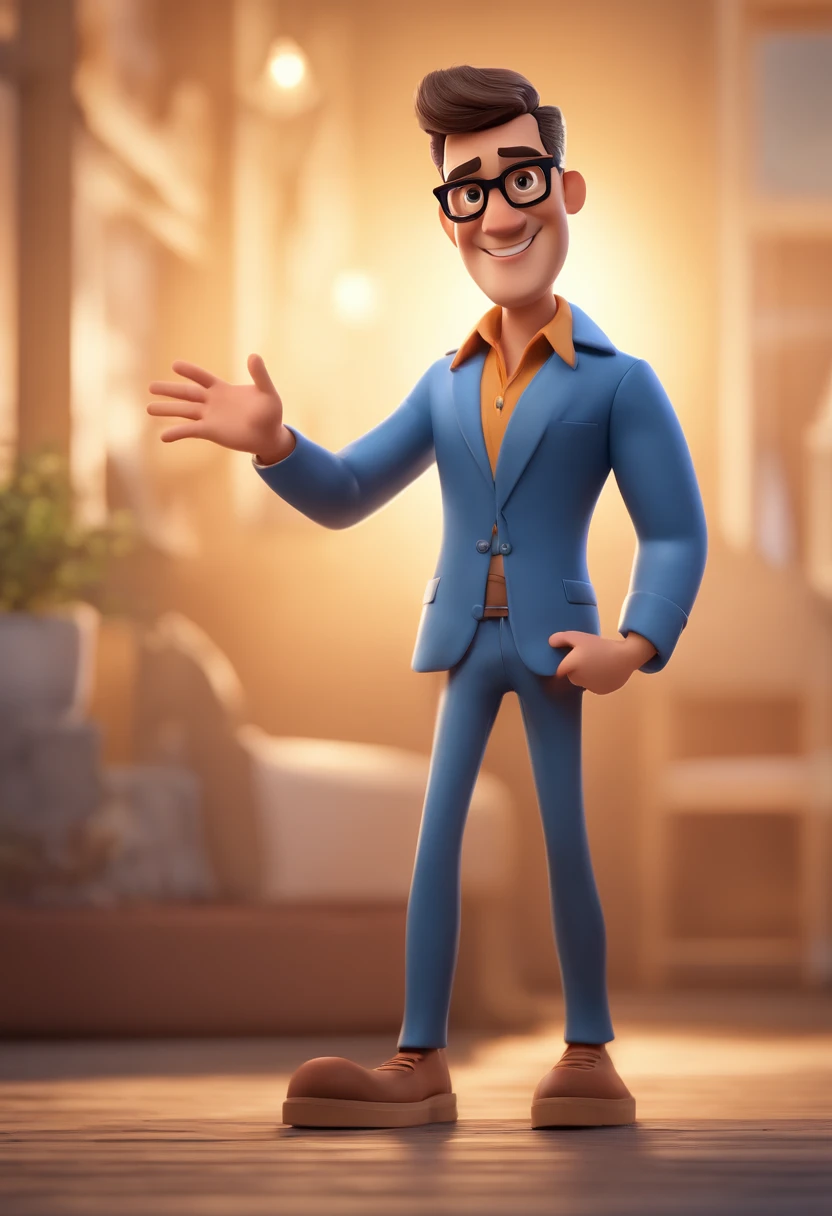 Cartoon character of a man with black glasses and a blue shirt, animation character, Caractere estilizado, animation style rendering, 3D estilizado, Arnold Maya render, 3 d render stylized, toon render keyshot, Personagem 3D, Personagem 3D, 3d rendering stylized, 3 d character render, personagem de desenho animado, Personagem de close up, Pose de personagem,  (Estilo Pixar) (master part:1.2) (Bokeh) (best quality) (pele detalhada) (textura detalhada) (8k) (argila) (Cinematic lighting) (foco nítido