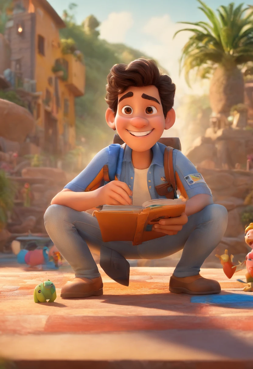 Desenho animado, 3D Animation Movie Poster, Poster de filme animado, pixar 3 d animation style, pixar renderman rendering, maia 8 mil, animated film, Disney Pixar Estilo 3D,  wearing light blue shirts and cream brown long pants, camisa azul clara, cream brown pants, ao ar livre, vacation, Disney Pixar Animated Poster Man Smiling, retrato promocional, , Mohamed Chahin, foto profissional bem iluminada, Retrato no meio da foto, foto de perfil profissional, mutahar rindo, Riyahd Cassiem, na frente de um fundo preto, Condutor de Ene, com um fundo preto, Amr Elshamy, Foto profissional detalhada