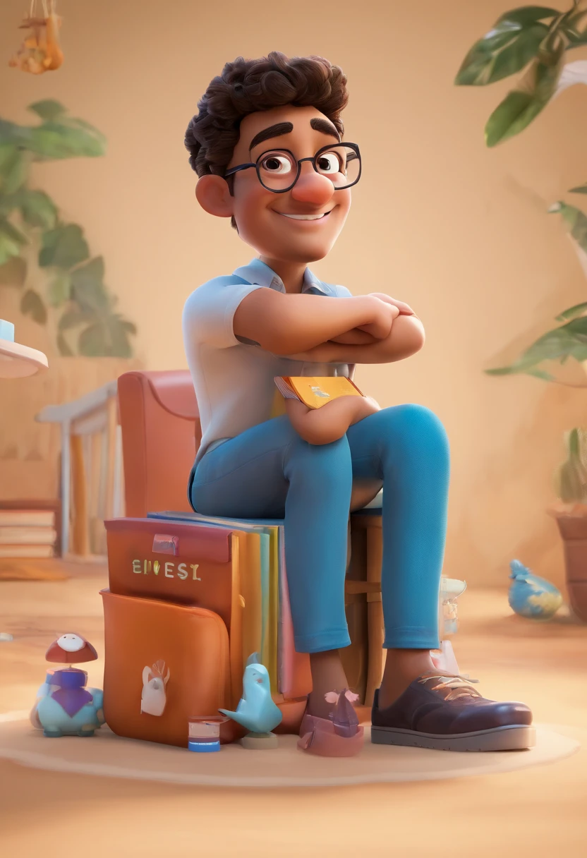 Desenho animado, 3D Animation Movie Poster, Poster de filme animado, pixar 3 d animation style, pixar renderman rendering, maia 8 mil, animated film, Disney Pixar Estilo 3D, wearing light blue shirts and cream brown long pants, camisa azul clara, cream brown pants, ao ar livre, vacation, Disney Pixar Animated Poster Man Smiling, retrato promocional, , Mohamed Chahin, foto profissional bem iluminada, Retrato no meio da foto, foto de perfil profissional, mutahar rindo, Riyahd Cassiem, na frente de um fundo preto, Condutor de Ene, com um fundo preto, Amr Elshamy, Foto profissional detalhada