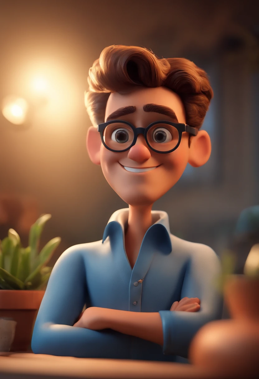 Cartoon character of a man with black glasses and a blue shirt, animation character, Caractere estilizado, animation style rendering, 3D estilizado, Arnold Maya render, 3 d render stylized, toon render keyshot, Personagem 3D, Personagem 3D, 3d rendering stylized, 3 d character render, personagem de desenho animado, Personagem de close up, Pose de personagem,  (Estilo Pixar) (master part:1.2) (Bokeh) (best quality) (pele detalhada) (textura detalhada) (8k) (argila) (Cinematic lighting) (foco nítido