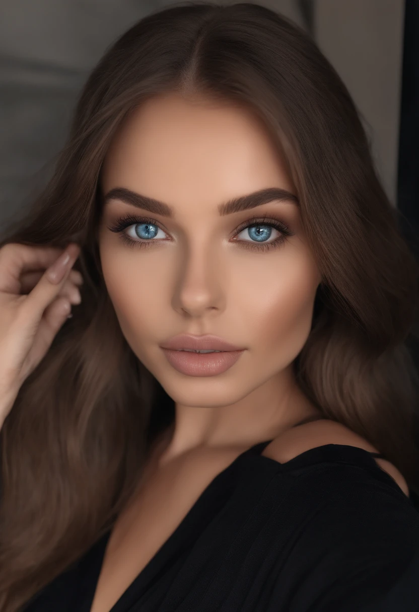 arafed woman with black clothes, sexy girl with realistic blue eyes, portrait sophie mudd, brown hair and large eyes, selfie of a young woman, bedroom eyes, violet myers, without makeup, natural makeup, looking directly at the camera, face with artgram, subtle makeup, stunning full body shot, in a club, cleavage