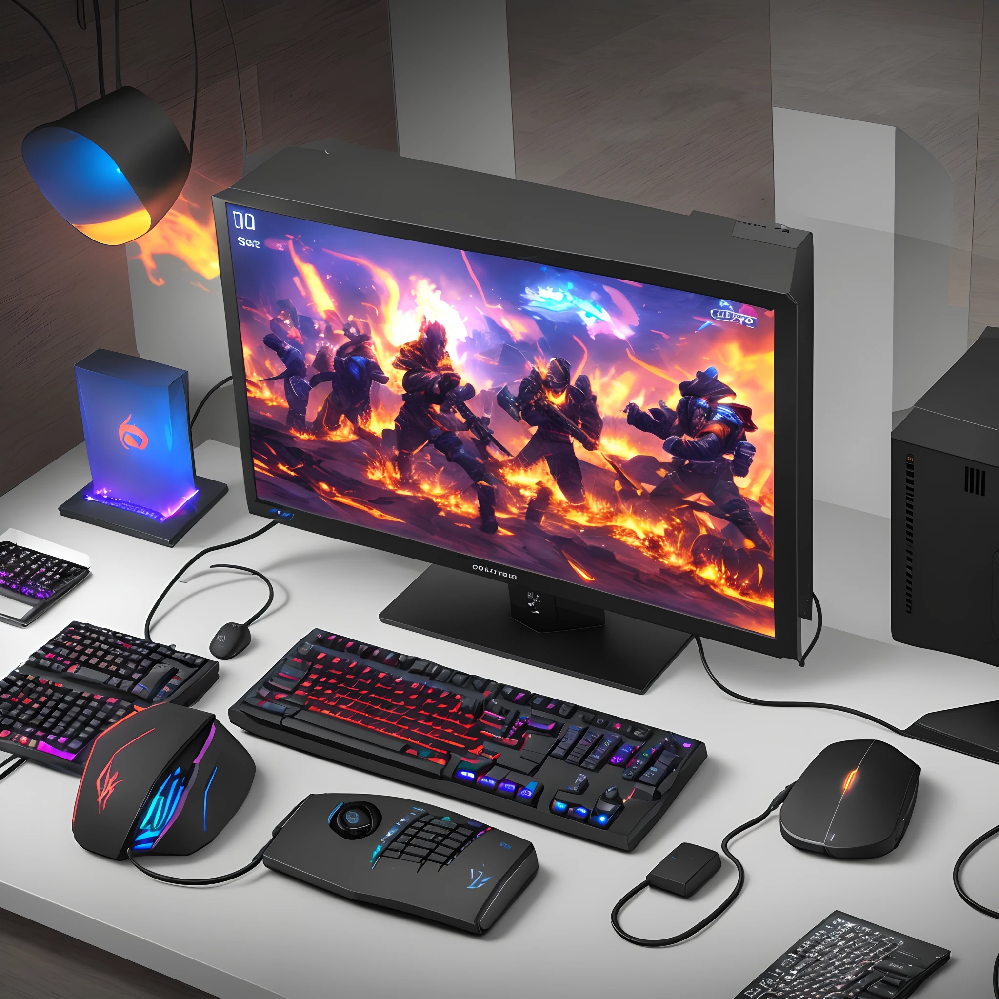 a gaming pc complete with monitor, mouse and keyboard on fire, realistic style, 8k --auto --s2