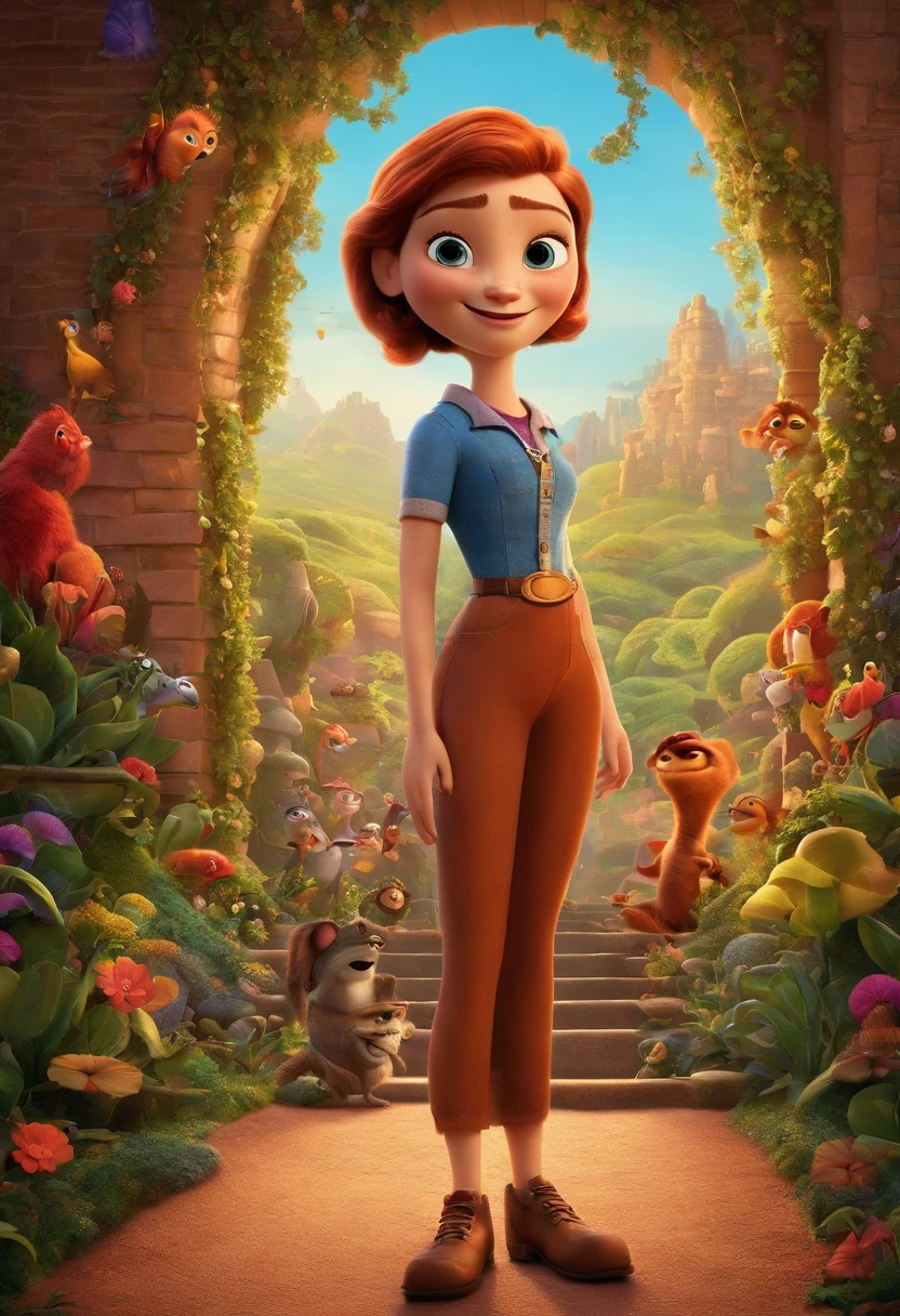 Uma mulher em varios quadros de fotos  estilo poster da pixar 3d