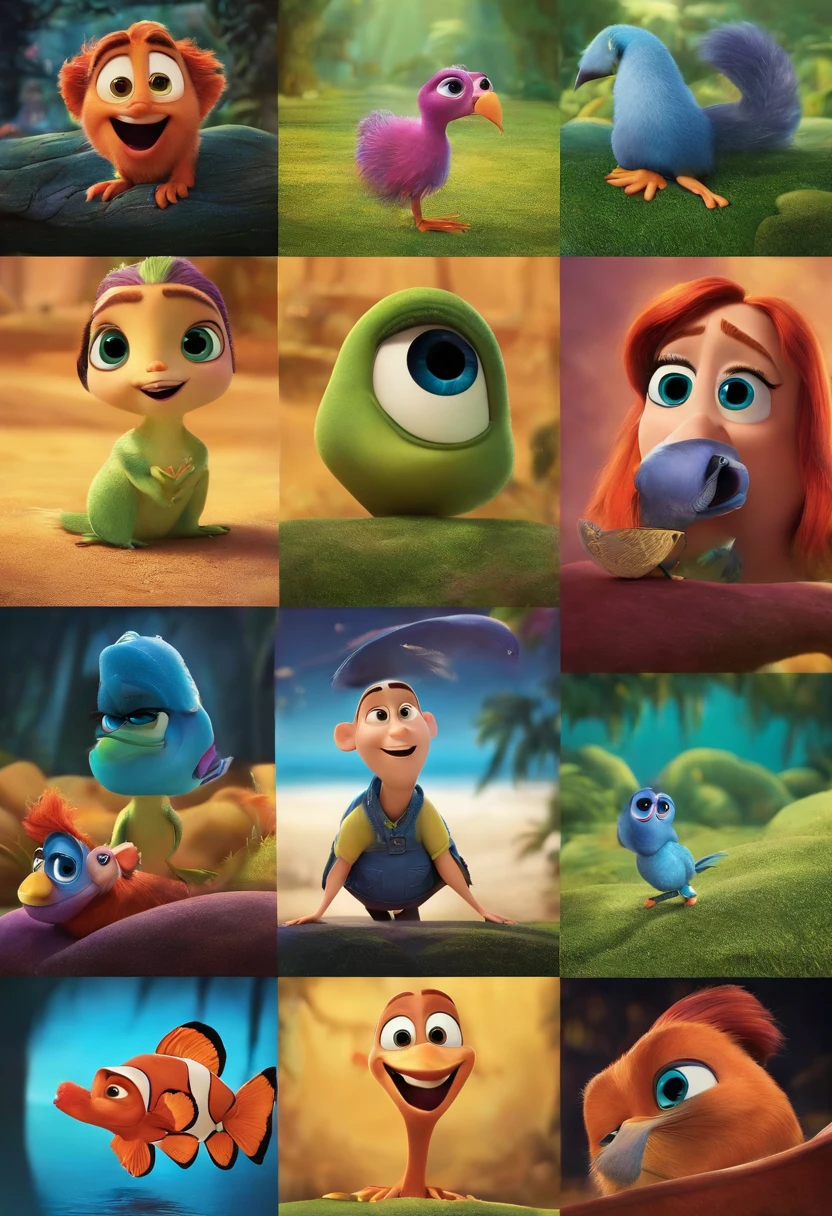 Uma mulher em varios quadros de fotos  estilo poster da pixar 3d