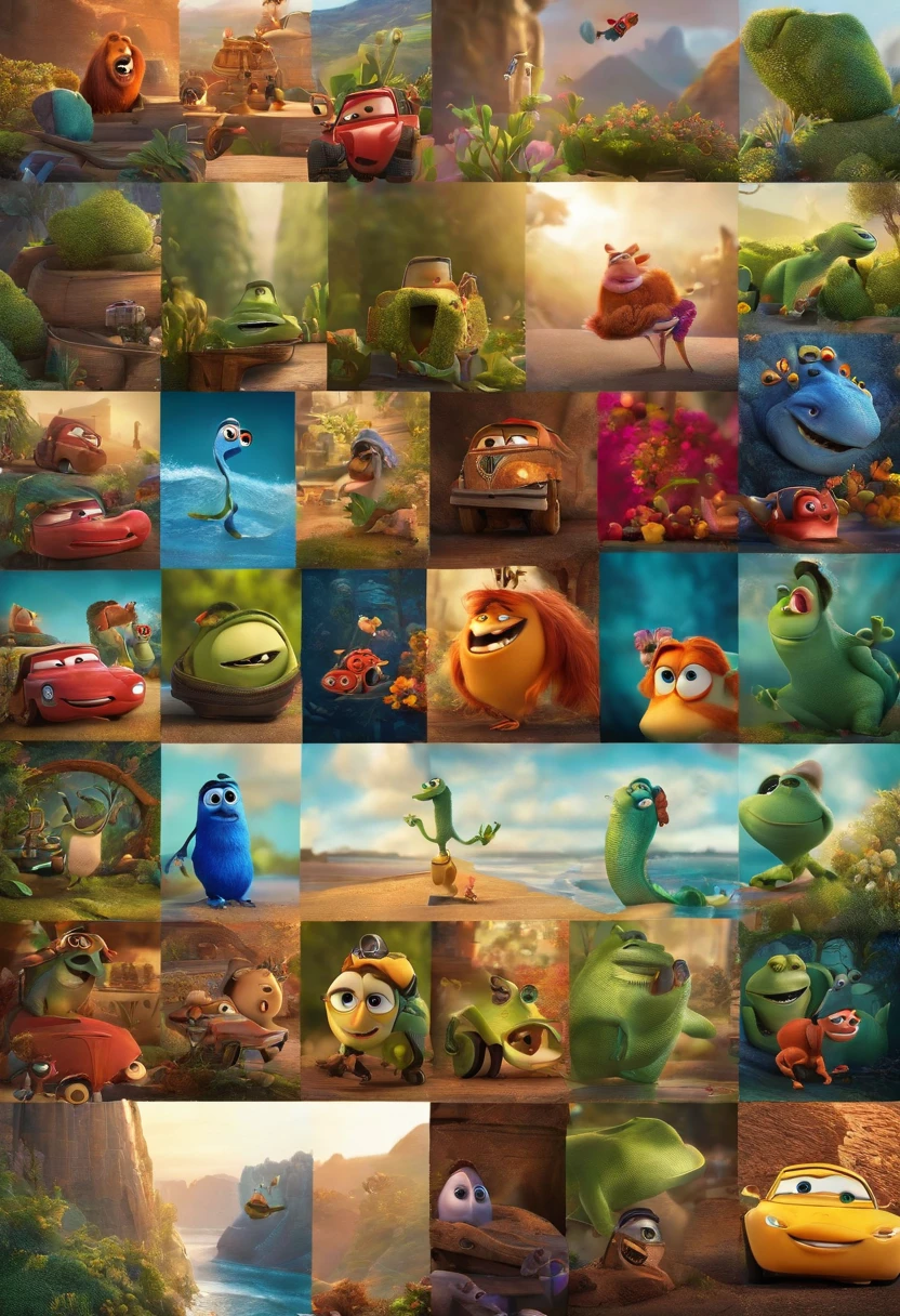 Uma mulher em varios quadros de fotos estilo poster da pixar 3d