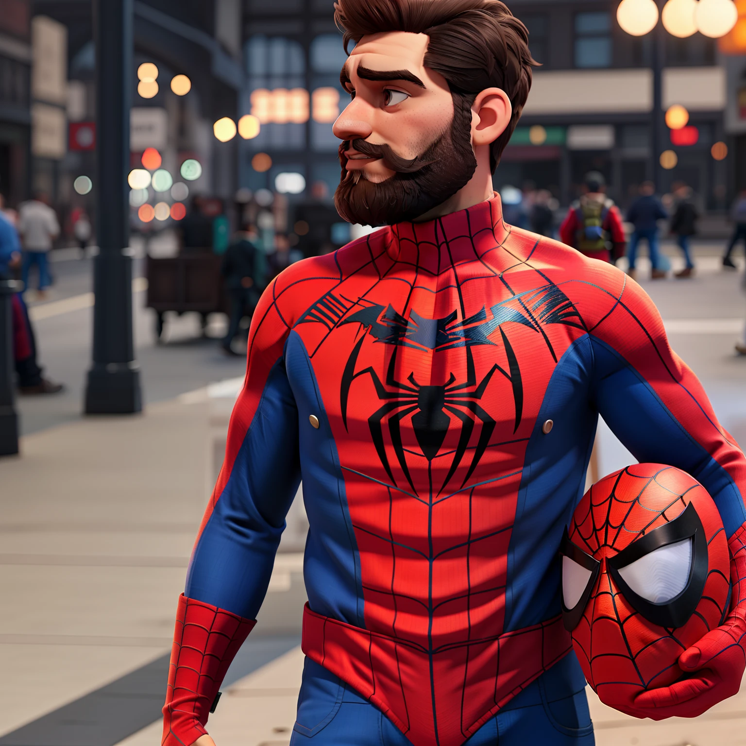 A bearded man in spiderman costume holding his mask next to him