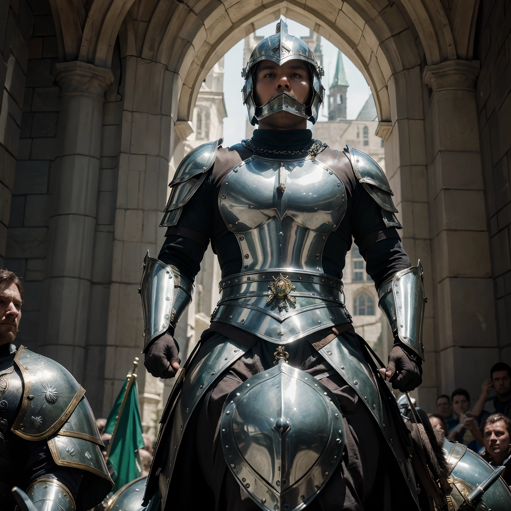 (best quality,4k,8k,highres,masterpiece:1.2),ultra-detailed,realistic:1.37,Medieval Knight with silver armor,green accents,shining sword,battle-ready stance,majestic pose,breathtaking landscape,castle in the background,dramatic lighting,courageous expression,vivid colors,ornate helmet,chainmail armor,gleaming silver metal,thick leather gloves,strong and muscular physique,noble and valiant,protective shield,pristine and polished armor,meticulous attention to detail,heroic aura,Ancient Gothic architecture,foggy atmosphere,mystery and enchantment,hero on a noble steed,banners fluttering in the wind,medieval tournament,castle courtyard,emerald green forests,authentic historical portrayal,metallic shine,mythical and legendary,dawn of a battle,medieval emblem,determination and bravery,history come to life,medieval weaponry,lustrous armor plates,embossed engravings,unique artistry,exquisite craftsmanship,battle-hardened warrior