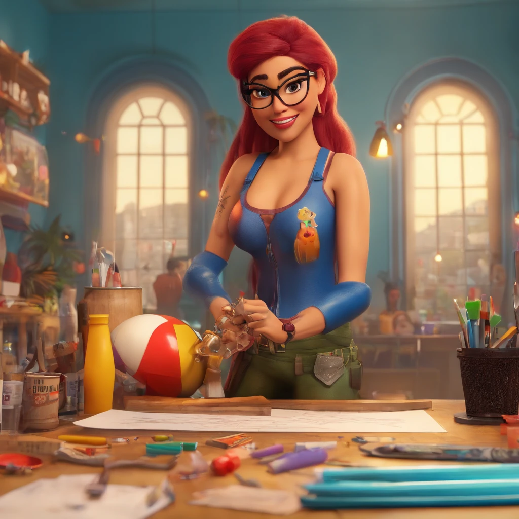 create a 3D movie poster inspired by Disney Pixar, The scene should be in Pixar's signature digital art style, com uma imagem caricatural que lembra a cantora brasileira "Anita" in the prone position, Wearing a bikini while a tattoo artist is sitting tattooing with a giant ring on one hand, inside a tattoo parlor.