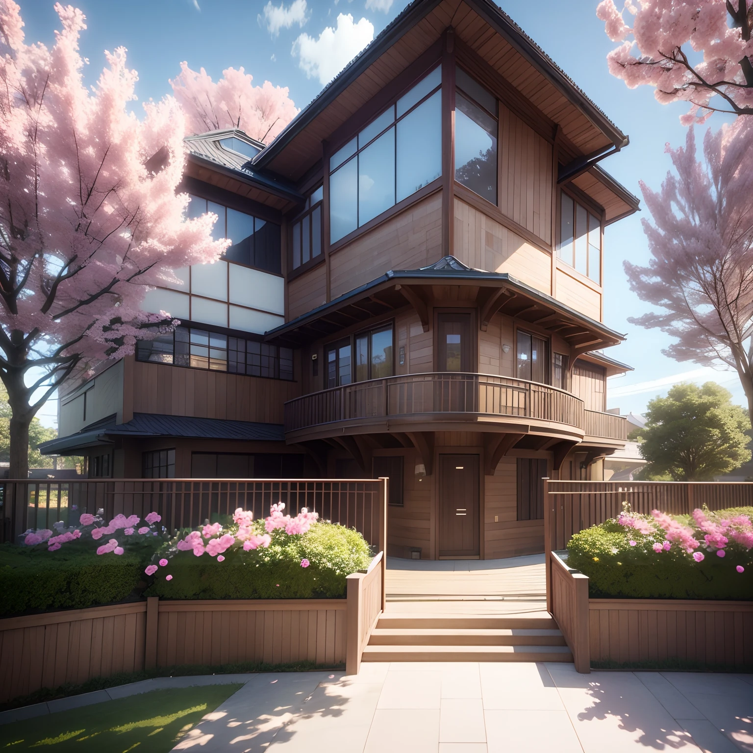 Design anime Beautiful 3-storey house design, with many trees, flowers, mirror doors, wooden railings and a balcony with a luxurious swimming pool. 3d render, anime style