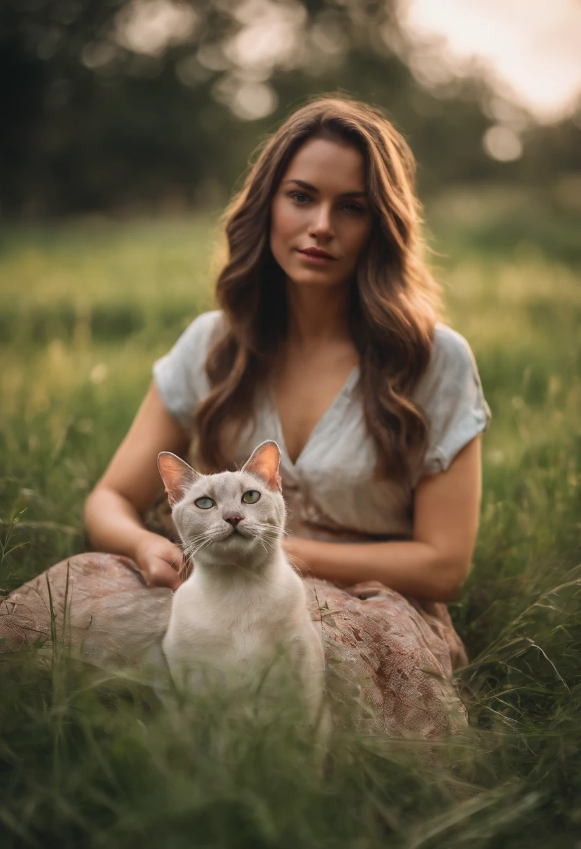Girl sitting on the grass with a Siamese cat on her lap.