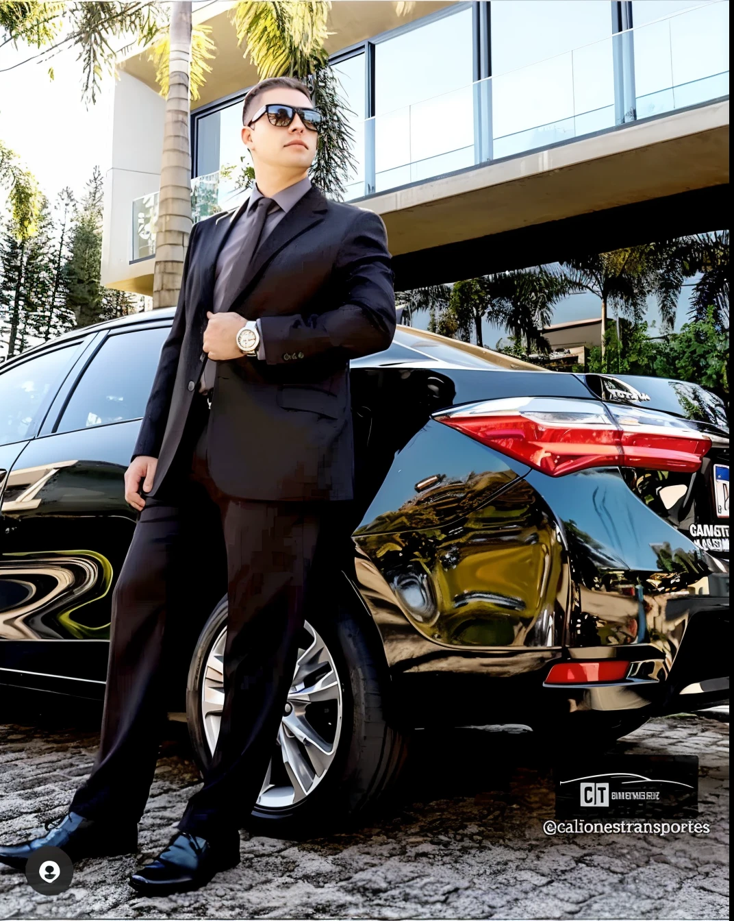Man in suit and sunglasses next to a car, serious business, Secret Service photos, security agent, 🔥 😎 🕹️ 👀 :2, profissionalmente tomado, tomada em 2 0 2 0, Handsome, luxo, Directed by: Ric Estrada, instagram post, imagem de alta qualidade, Directed by: Elias Ravanetti, homem no terno preto, Foto promocional, CEO