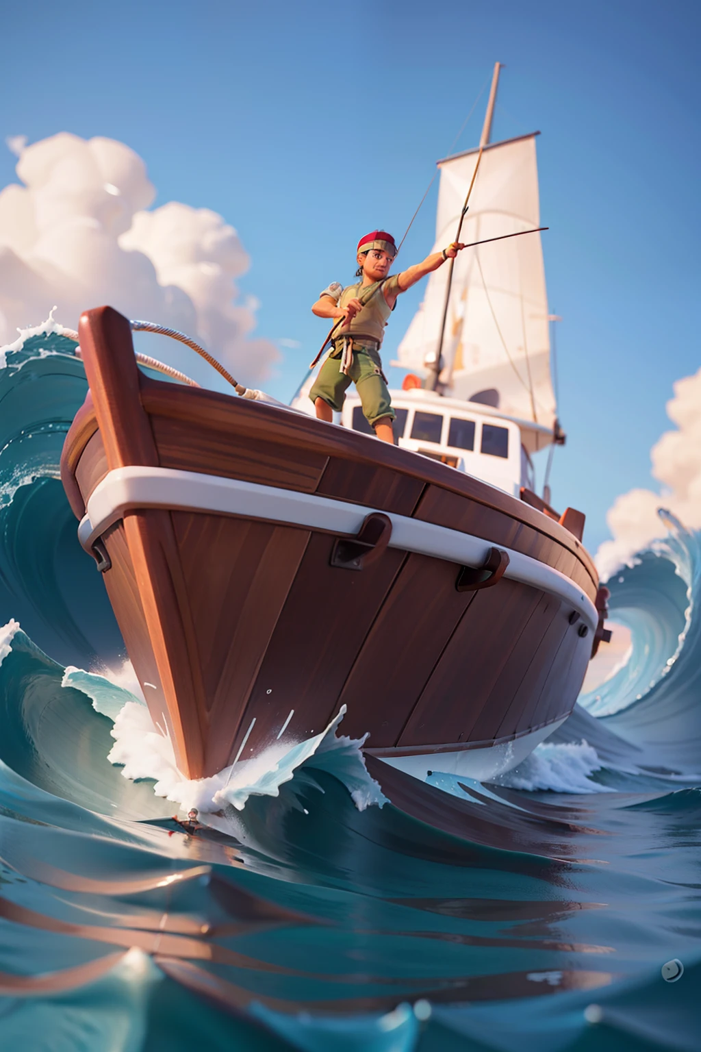 image of Rambo holding his bow and arrow in 3d inside a boat sailing big waves and a huge whale behind that boat