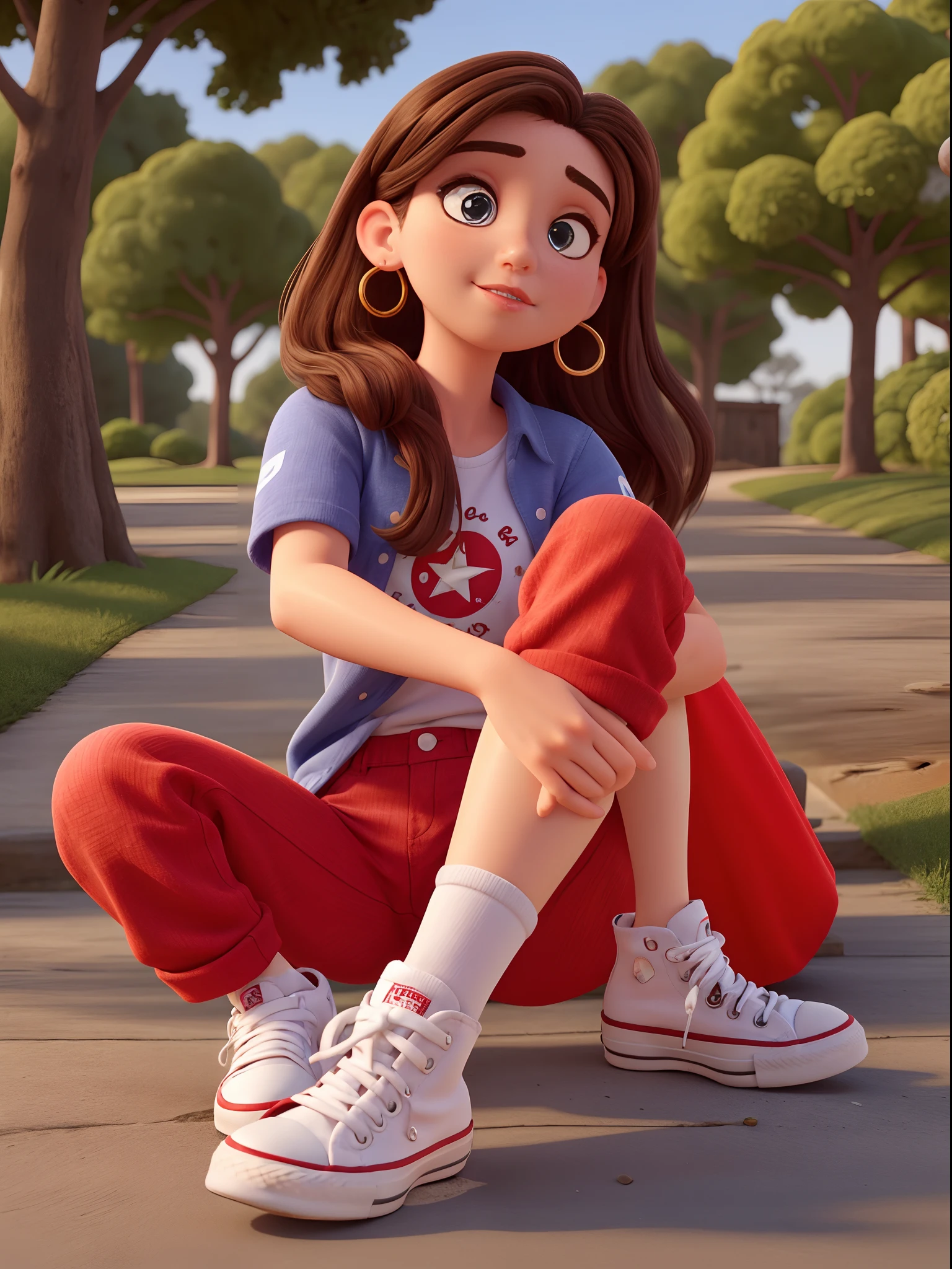 best quality, 1 girl, olhos castanhos, frente, Rosto detalhado, Olhos bonitos, cabelos pretos na linha dos ombros, camisa preta, red pants, and white high-top converse sneakers