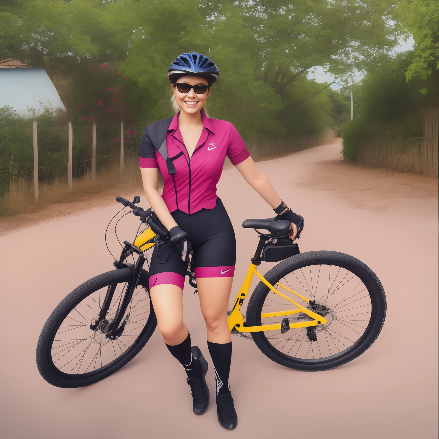 Mulher no terno da bicicleta fica ao lado de uma bicicleta cor-amarela terno preto com vermelho apertado roupas terno, Fato de ciclismo Nike, wearing a pantyhose, vestindo terno apertado, ternos neopreto apertados, Cute blonde woman with side braid wearing tank suit, tight business suit, traje apertado, em terno de spandex, corpo humano feminino corpo inteiro