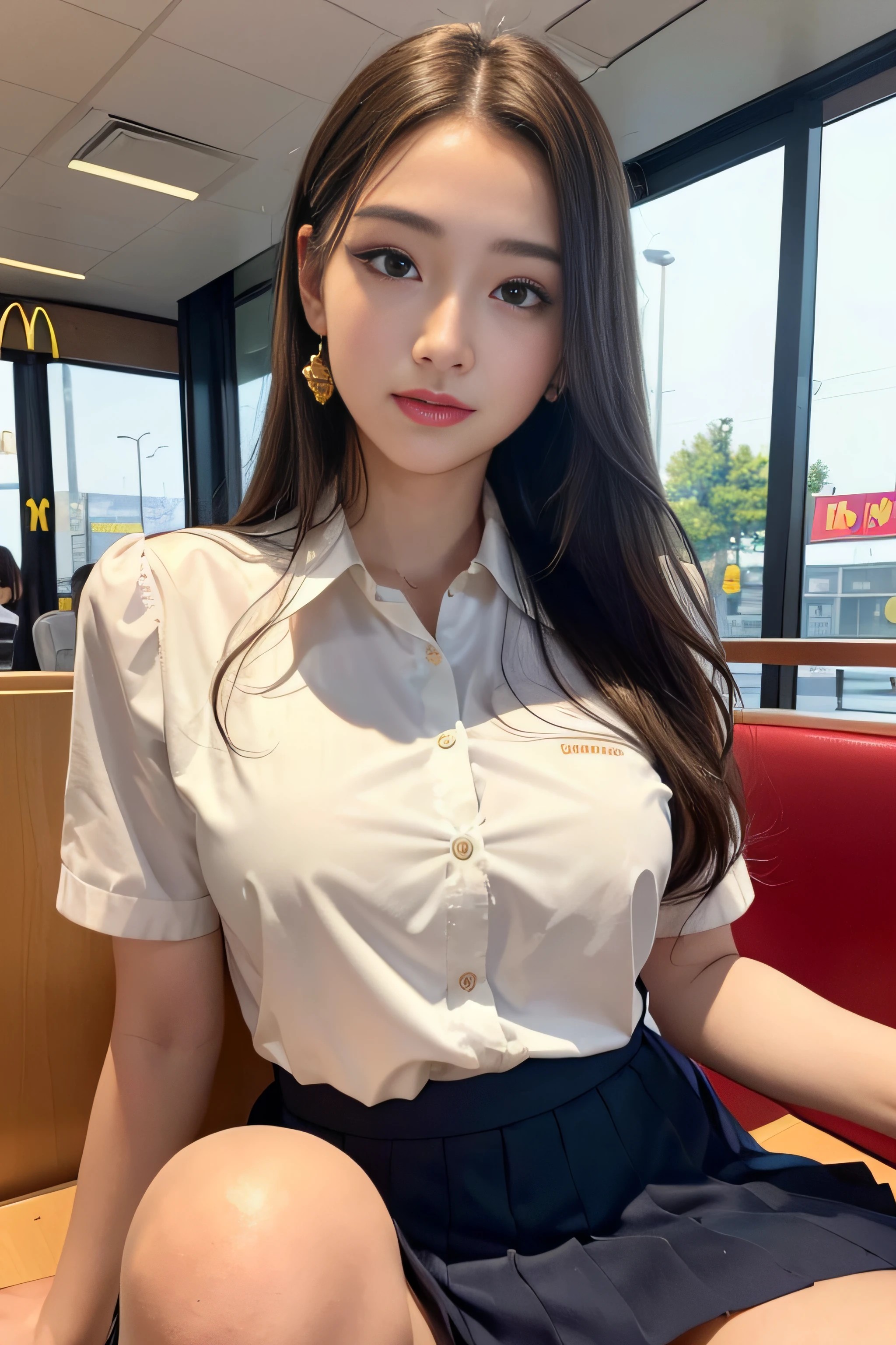 1womanl、(Super beautiful)、(beauitful face)、A detailed face、(Take a seat at McDonald's)、with spreading legs、(high-school uniform)、(Wearing makeup)、(Golden head hair)