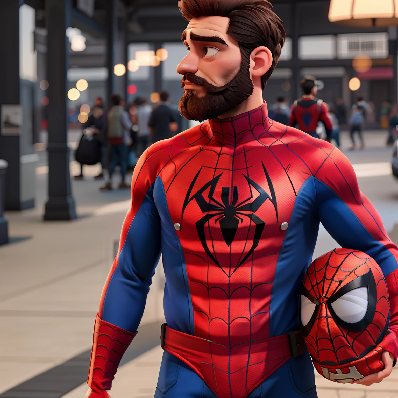 A bearded man in spiderman costume holding his mask next to him