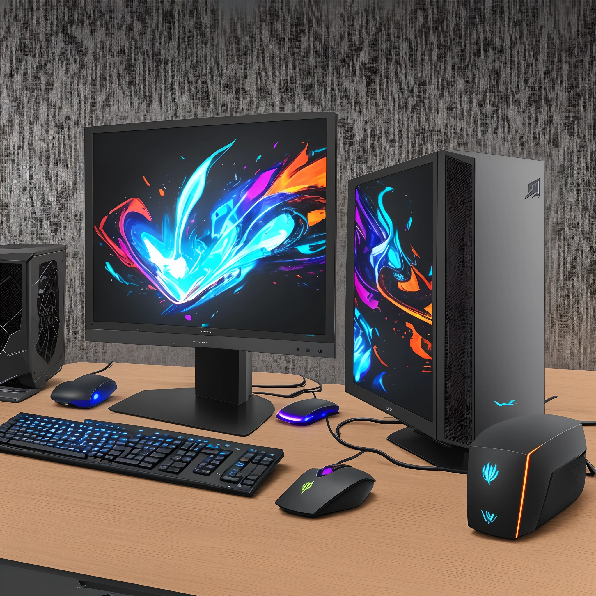 a gaming pc complete with monitor, mouse and keyboard on fire, realistic style, 8k --auto --s2