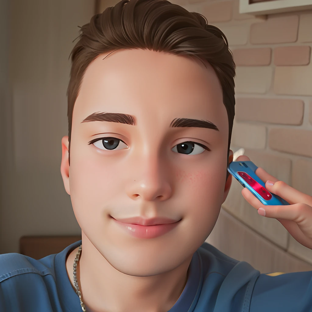 There's a boy who's taking a selfie with a cell phone