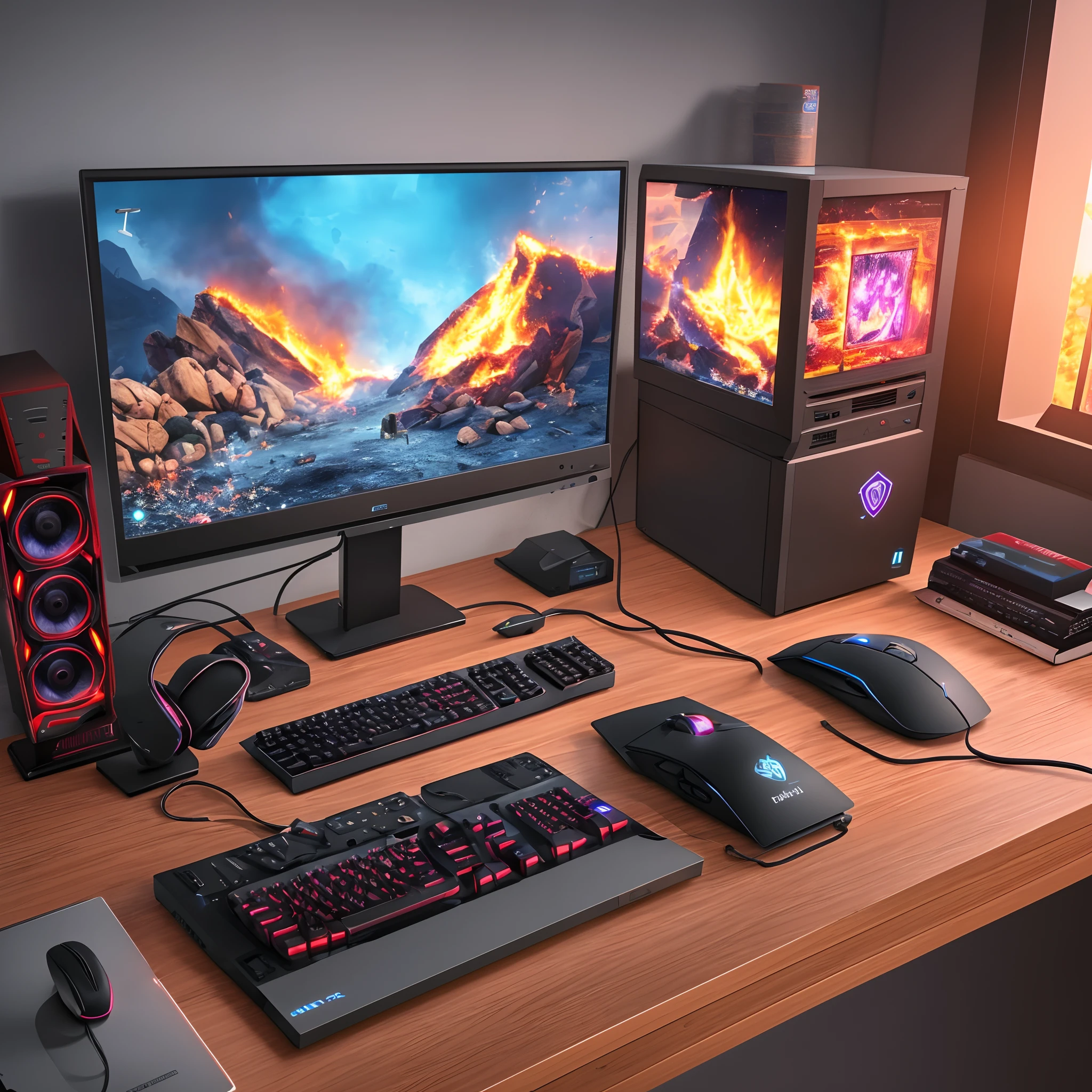 a gaming pc complete with monitor, mouse and keyboard on fire, realistic style, 8k --auto --s2