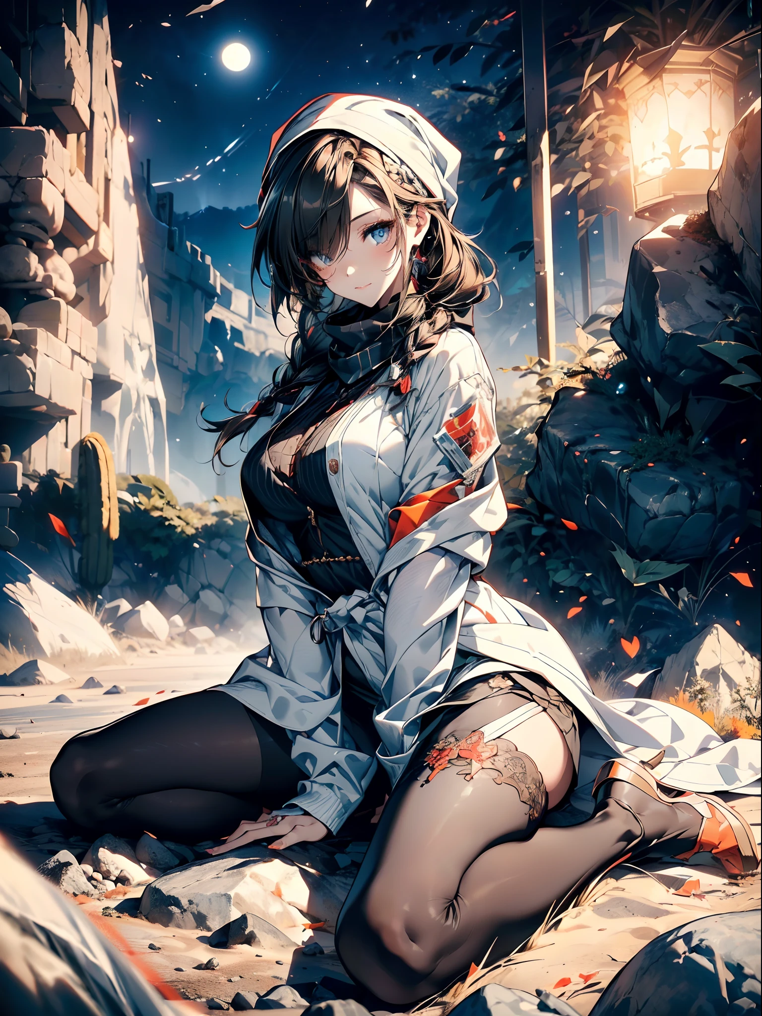 a matured woman with long black hair and a white outfit, (at a rock place in a desert:1.5), (resting in oasis:1.2, sitting with spreading legs:1.5, Yoga posing, with cross-legged:1.3, Indian style, in front of full moon:1.2), Arabic, (Post apocalyptic:0.0), from arknights, artwork in the style of guweiz, bodyesbian, fine details. girls frontline, beautiful anime illustration, from girls frontline, by Yang J, stunning, 26 years old, (milf:1.3), (solo:1.5), (sfw:1.25), sagging breast, large breasts, big tits, thin waist, big ass, Raised sexy, (dark mahogany medium short hair, updo, hair over one eye, asymmetric hair, Carly hair, low tied braids),(musulman, white Headscarfs, hair bands, head vandage, Turban), (ultra high resolution, 8K RAW photo, photo realistics, thin outline:1.3, clear focus), best qualtiy, natural lighting, blurry back ground, field depth, bokeh, (Bright pupils, detailed beautiful eyes, high detailed face), Red lip, looking away, (dynamic angle, front view:1.1, crotch focus:1.3, from above), dynamic posing, sexy posing, leaning forward, seductive smiling, center image, (wearing white long jacket and clothes, wearing white robes, platinum ornaments, rolling white clothes around waist, camel-brown long leather boots:1.3, translucent lace pantyhose), ((correct anatomy:1.5)), ((outdoor:1.2, in a night:1.3)),