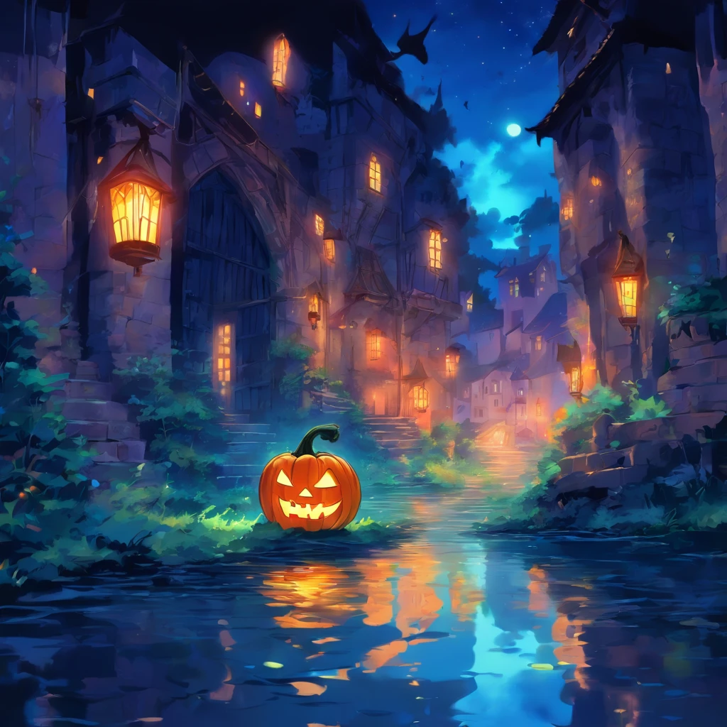 Luzes flutuantes de dia das bruxas, Light and reflection in cinema, Fluorescent Lamps, Elements of the mid-range metaverse,pintura digital, reflection light, deliberation, dia das bruxas Jack-o'-lantern, noite calma, digital illustation, bela atmosfera., Skylights at night, The atmosphere at night is calm., Jack-O-Lanterna, dia das bruxas, Noite, A Lua, cena do jogo, dia das bruxas, cercado por nuvens, Buildings in medieval Europe, Painted Pottery, european union, Cores bonitas, There are three arches in the foreground.((tinta colorida)), ( (Tinta Splash ) ), ((Tinta Splash) Inkie})), obra-prima, alta qualidade, graphics beautiful, alto detalhe,soberbo
