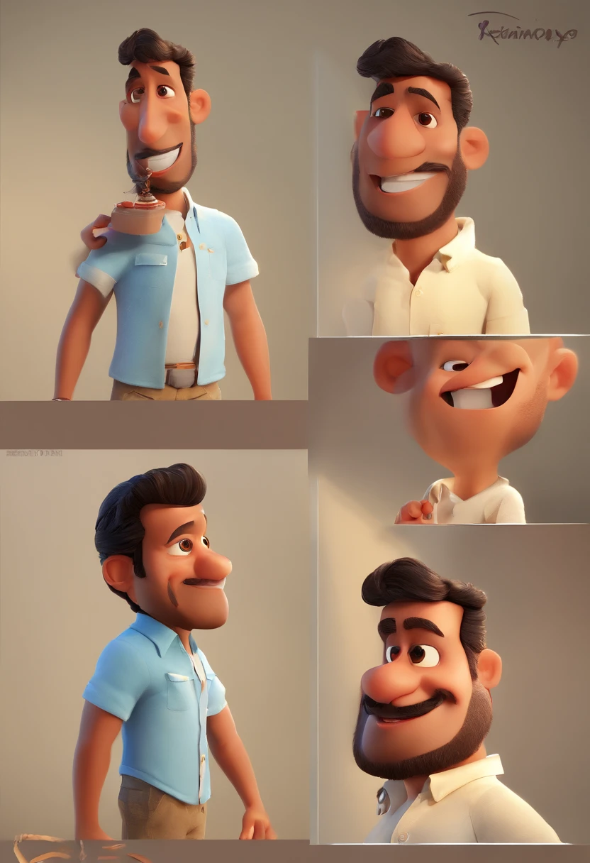 o 3D da Pixar, pixar renderman rendering, maia 8 mil, animated film, Disney Pixar Estilo 3D, wearing light blue shirts and cream brown long pants, camisa azul clara, cream brown pants, ao ar livre, vacation, Disney Pixar Animated Poster Man Smiling, com barba, retrato promocional, , Mohamed Chahin, foto profissional bem iluminada, Retrato no meio da foto, foto de perfil profissional, mutahar rindo, Riyahd Cassiem,  Condutor de Ene, Amr Elshamy, Foto profissional detalhada