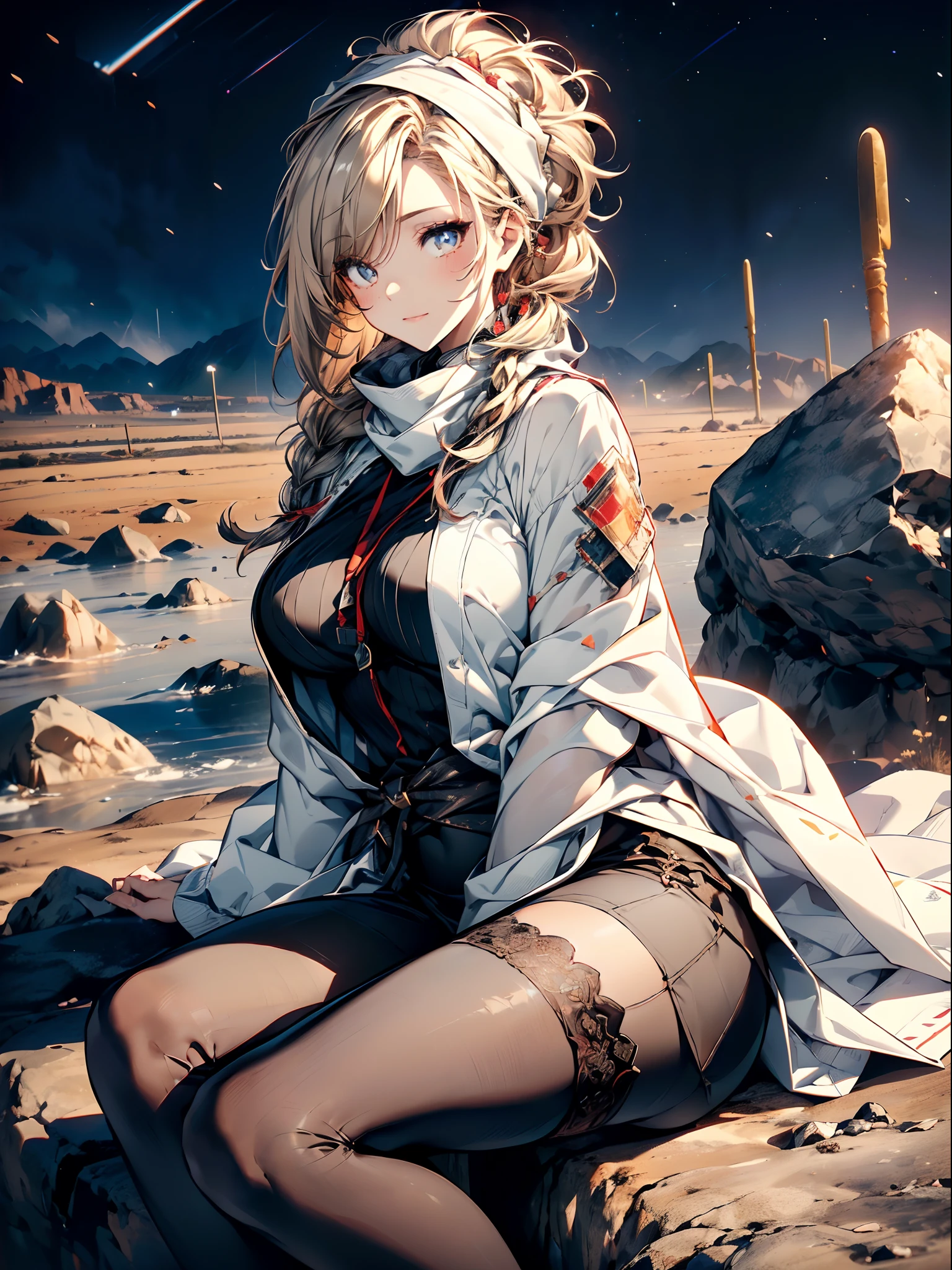 a matured woman with long black hair and a white outfit, (at a rock place in a desert:1.5), (resting in oasis:1.2, sitting with spreading legs:1.5, Yoga posing, with cross-legged:1.3, Indian style, in front of full moon:1.2), Arabic, (Post apocalyptic:0.0), from arknights, artwork in the style of guweiz, bodyesbian, fine details. girls frontline, beautiful anime illustration, from girls frontline, by Yang J, stunning, 26 years old, (milf:1.3), (solo:1.5), (sfw:1.25), sagging breast, large breasts, big tits, thin waist, big ass, Raised sexy, (dark mahogany medium short hair, updo, hair over one eye, asymmetric hair, Carly hair, low tied braids),(musulman, white Headscarfs, hair bands, head vandage, Turban), (ultra high resolution, 8K RAW photo, photo realistics, thin outline:1.3, clear focus), best qualtiy, natural lighting, blurry back ground, field depth, bokeh, (Bright pupils, detailed beautiful eyes, high detailed face), Red lip, looking away, (dynamic angle, front view:1.1, crotch focus:1.3, from above), dynamic posing, sexy posing, leaning forward, seductive smiling, center image, (wearing white long jacket and clothes, wearing white robes, platinum ornaments, rolling white clothes around waist, camel-brown long leather boots:1.3, translucent lace pantyhose), ((correct anatomy:1.5)), ((outdoor:1.2, in a night:1.3)),