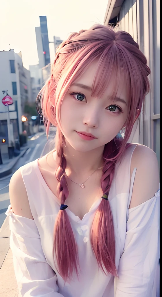女の子1人、on tokyo street、natta、A city scape、city light、The upper part of the body、up close shot、Blue eyes,Full body,faces、(A smile:1.5)、small tits、Black long-sleeved hoodie、(8K、Raw photography、top-quality、masterpiece:1.2)、(realisitic、photoRealstic:1.37), (Pink hair), Ear Hair, small tits, Single braid, (Single braid), (Side braid)