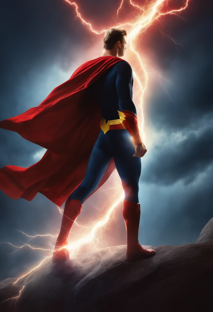 Superhero wearing red cape with lightning bolt
