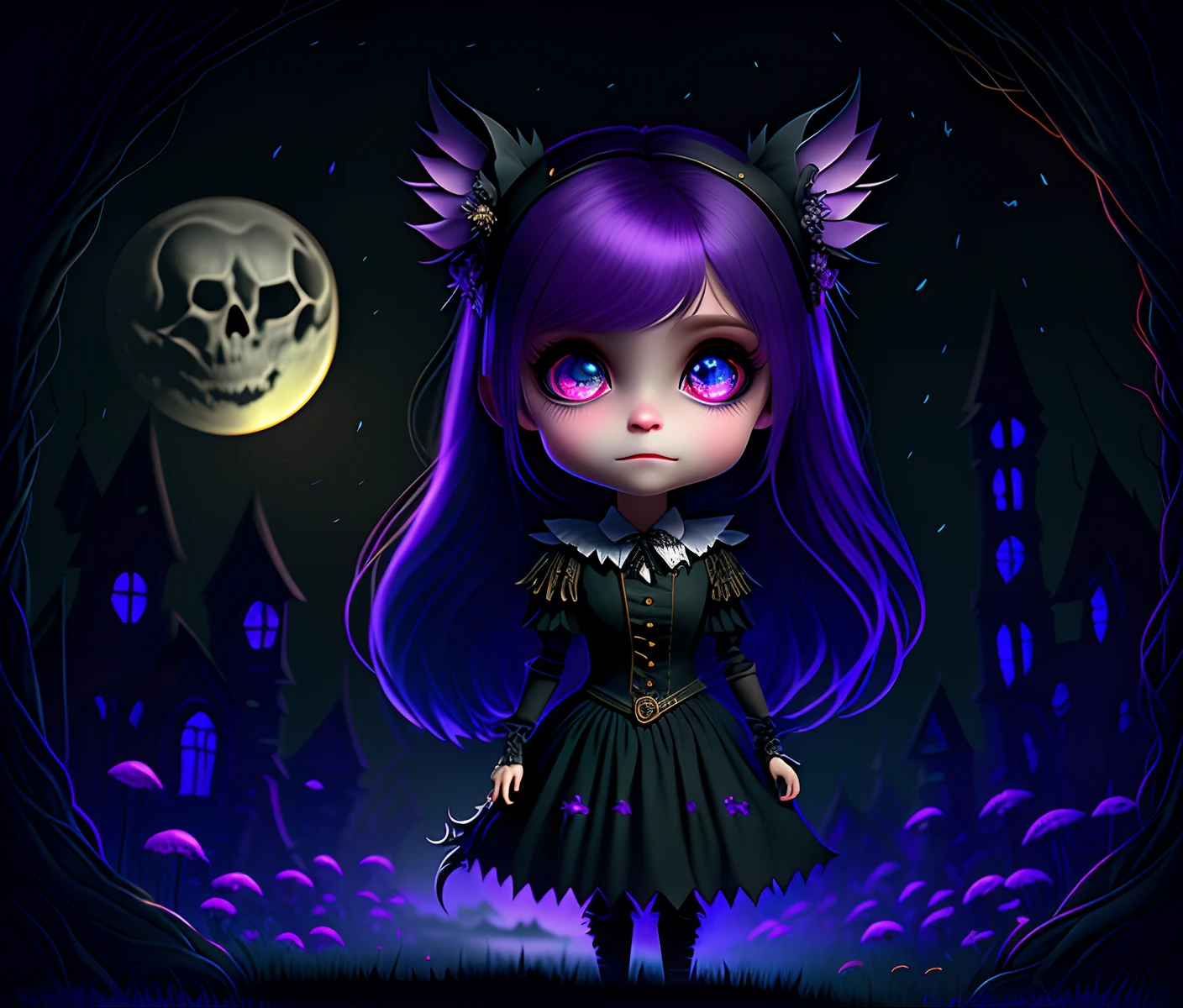 (best quality,4k,8k,highres,masterpiece:1.2),ultra-detailed,(realistic,photorealistic,photo-realistic:1.37),Cute Chibi girl with big chest wearing a Halloween-themed gothic bat costume and having blonde hair,portraits,vivid colors,Chibi big eyes,small nose,soft pink lips,kawaii ,scary cute,playful smile,girly dress,black and purple,spooky atmosphere with moonlit night